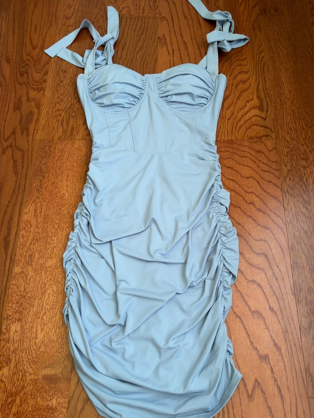 Windsor Light Blue Ruched Tie-Shoulder Mini Dress